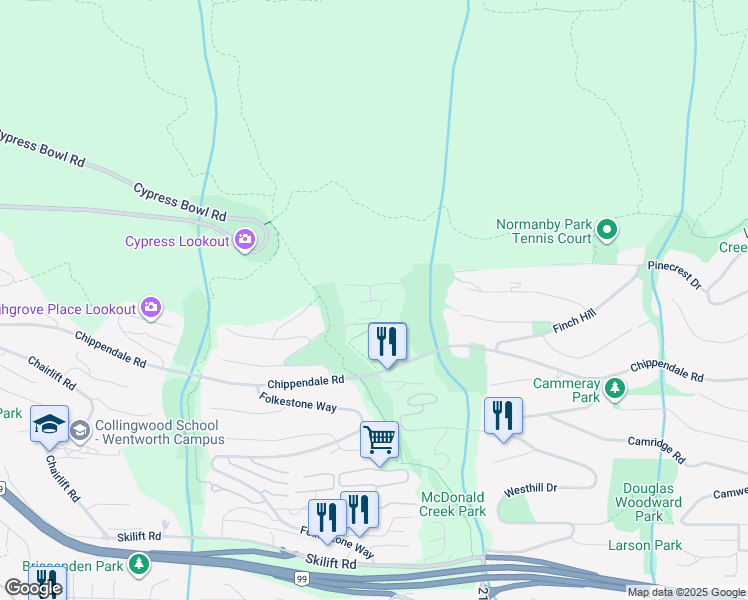 map of restaurants, bars, coffee shops, grocery stores, and more near 2235 Twin Creek Place in West Vancouver