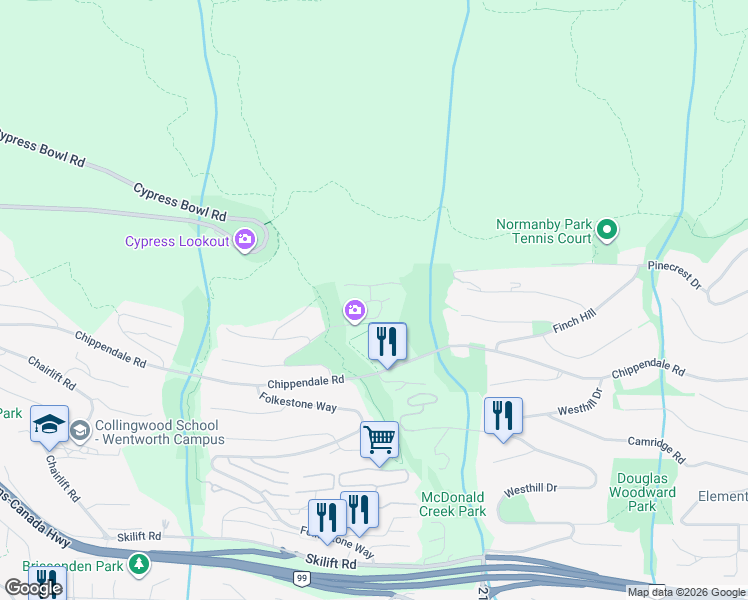 map of restaurants, bars, coffee shops, grocery stores, and more near 2245 Twin Creek Place in West Vancouver