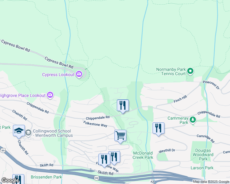 map of restaurants, bars, coffee shops, grocery stores, and more near 102 Twin Creek Place in West Vancouver