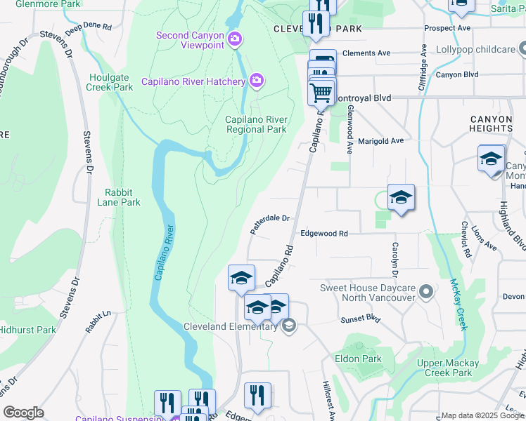 map of restaurants, bars, coffee shops, grocery stores, and more near 4423 Patterdale Drive in North Vancouver