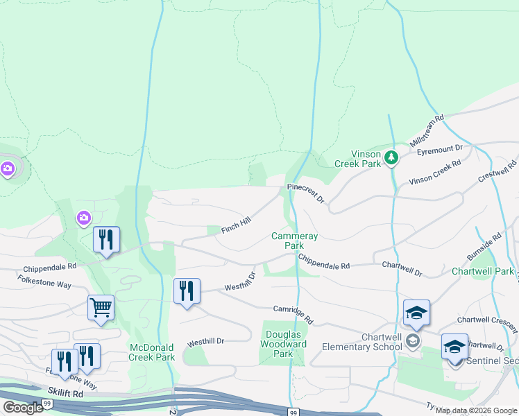 map of restaurants, bars, coffee shops, grocery stores, and more near Finch Hill in West Vancouver