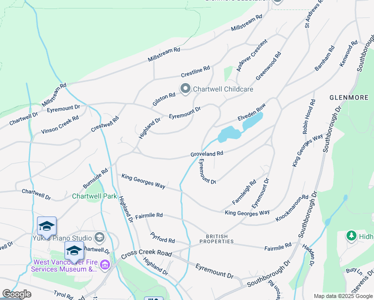map of restaurants, bars, coffee shops, grocery stores, and more near 1065 Groveland Road in West Vancouver