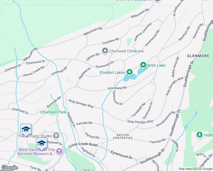 map of restaurants, bars, coffee shops, grocery stores, and more near 1065 Groveland Road in West Vancouver