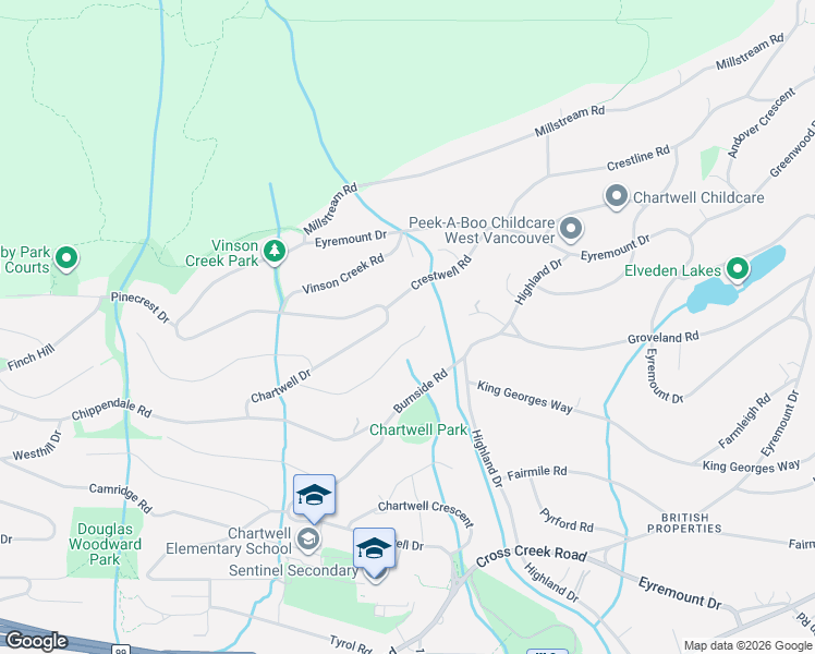 map of restaurants, bars, coffee shops, grocery stores, and more near 1439 Sandhurst Place in West Vancouver