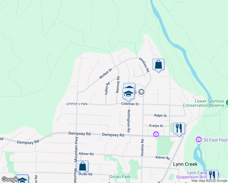 map of restaurants, bars, coffee shops, grocery stores, and more near 4577 Ramsay Road in North Vancouver