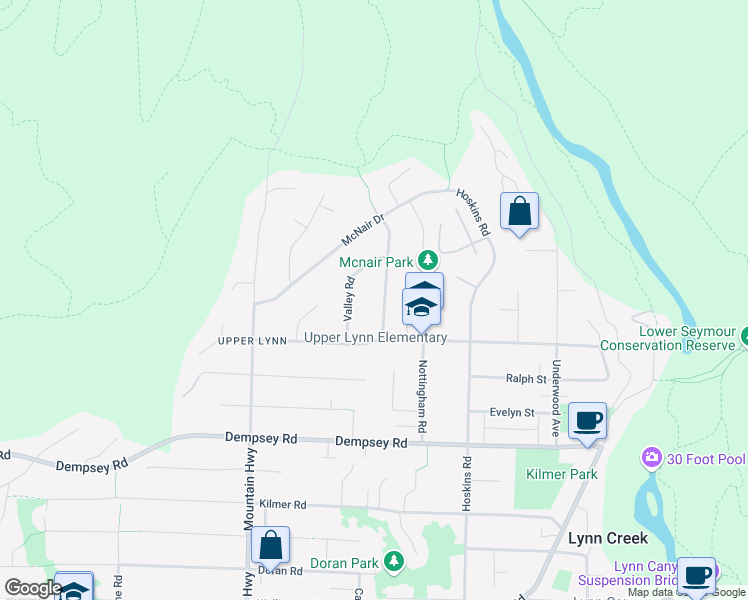 map of restaurants, bars, coffee shops, grocery stores, and more near 4577 Ramsay Road in North Vancouver