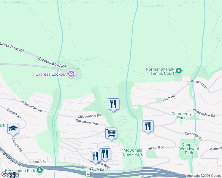 map of restaurants, bars, coffee shops, grocery stores, and more near 2245 Twin Creek Place in West Vancouver