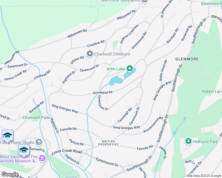map of restaurants, bars, coffee shops, grocery stores, and more near 1025 Groveland Road in West Vancouver