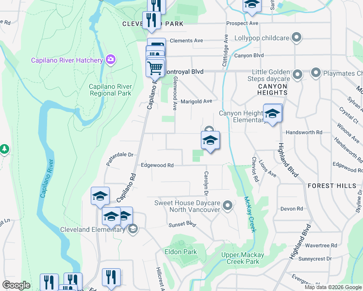 map of restaurants, bars, coffee shops, grocery stores, and more near 1082 Linnae Avenue in North Vancouver