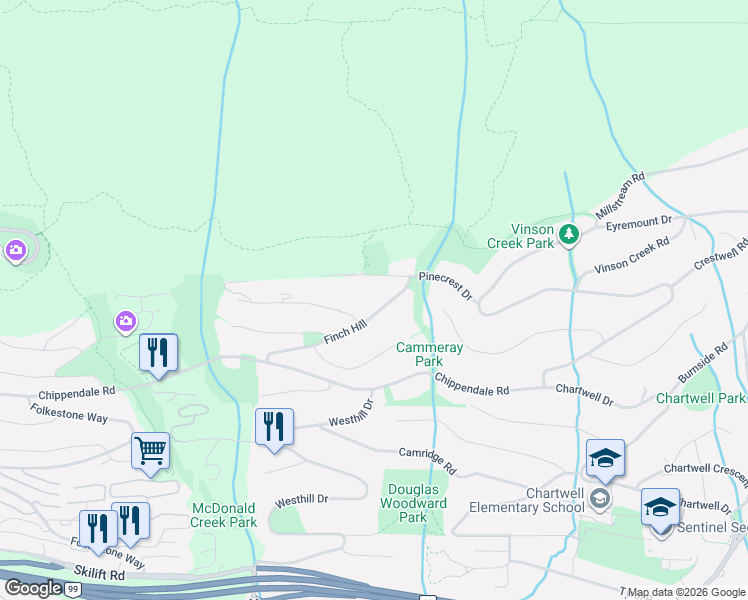 map of restaurants, bars, coffee shops, grocery stores, and more near Finch Hill in West Vancouver