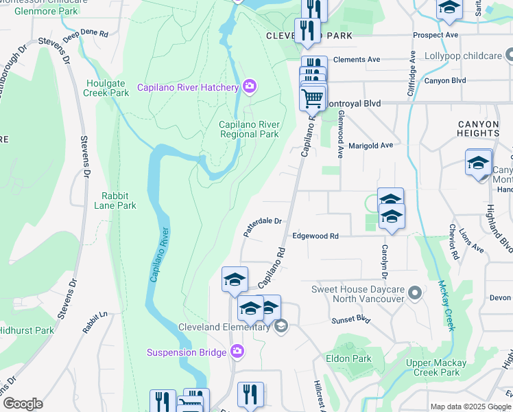 map of restaurants, bars, coffee shops, grocery stores, and more near 1297 Langdale Drive in North Vancouver