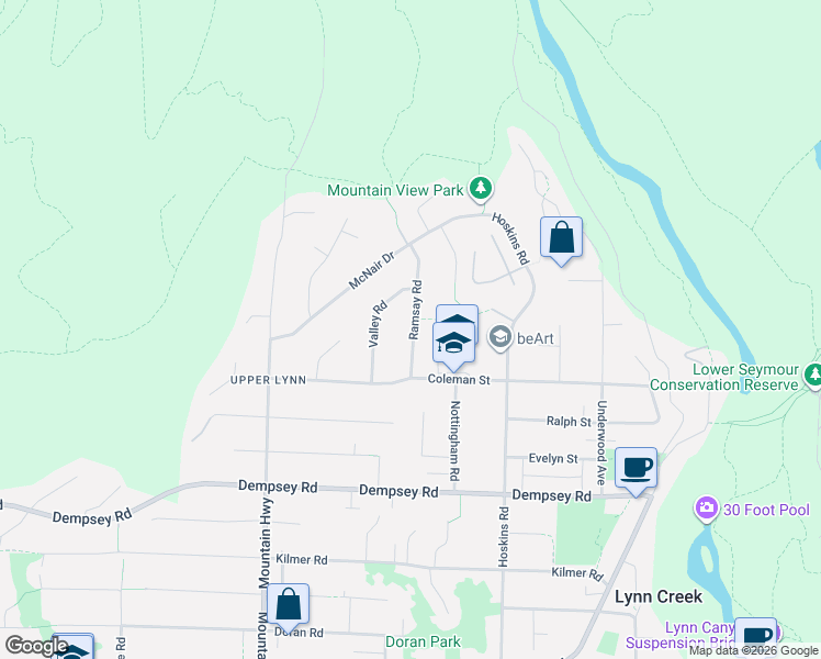 map of restaurants, bars, coffee shops, grocery stores, and more near 4589 Ramsay Road in North Vancouver