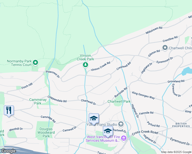 map of restaurants, bars, coffee shops, grocery stores, and more near 1448 Chartwell Drive in West Vancouver