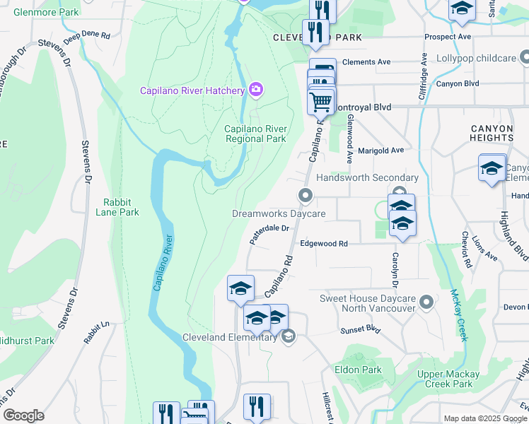 map of restaurants, bars, coffee shops, grocery stores, and more near 1297 Langdale Drive in North Vancouver
