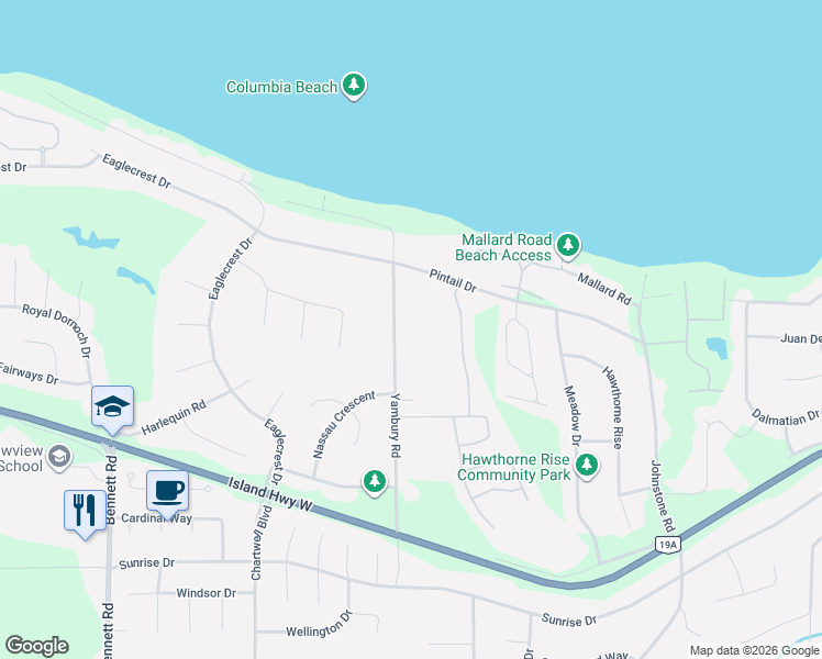map of restaurants, bars, coffee shops, grocery stores, and more near 531 Yambury Road in Qualicum Beach