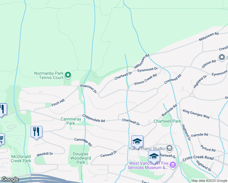 map of restaurants, bars, coffee shops, grocery stores, and more near 1471 Chartwell Drive in West Vancouver