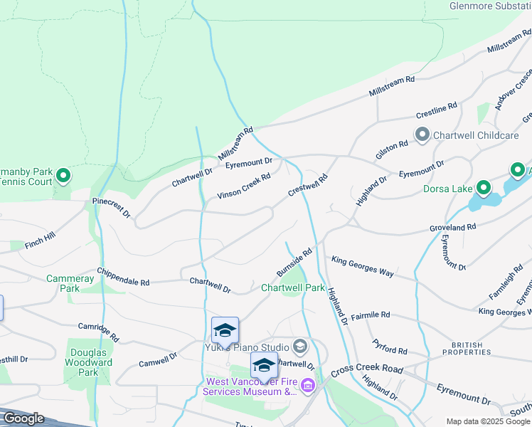 map of restaurants, bars, coffee shops, grocery stores, and more near 1430 Chartwell Drive in West Vancouver