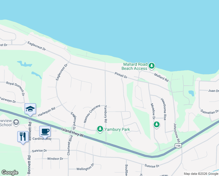 map of restaurants, bars, coffee shops, grocery stores, and more near 1383 Yambury Road in Qualicum Beach