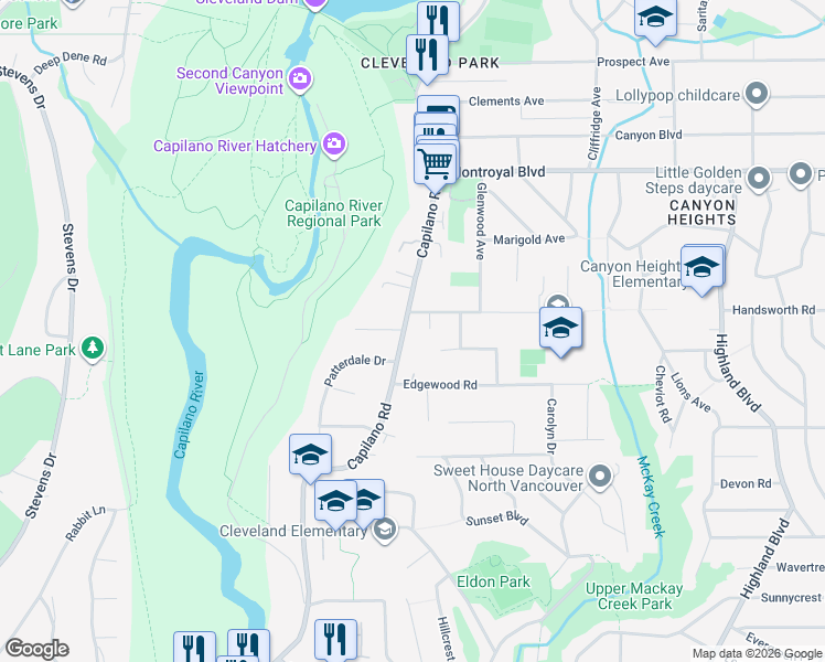 map of restaurants, bars, coffee shops, grocery stores, and more near 4470 Capilano Road in North Vancouver