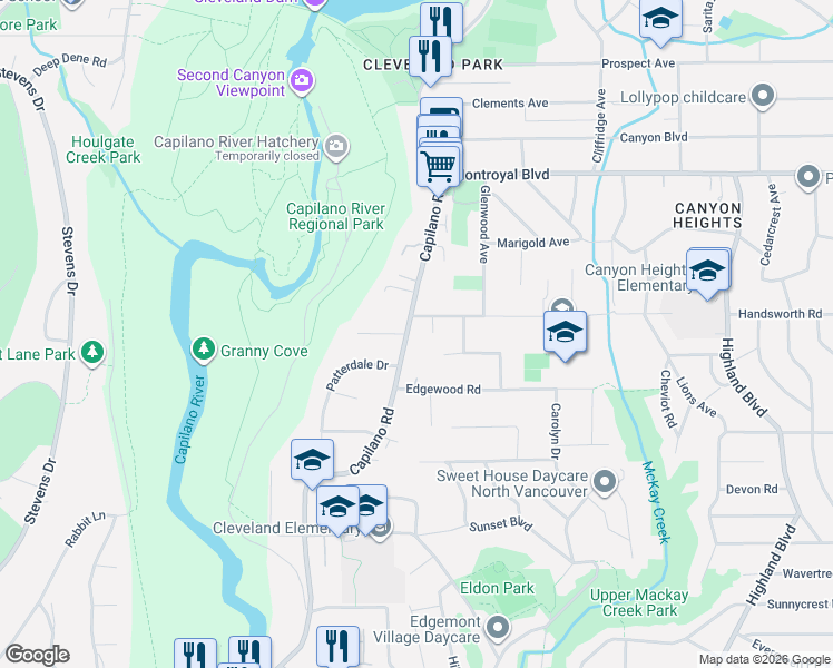map of restaurants, bars, coffee shops, grocery stores, and more near 4470 Capilano Road in North Vancouver