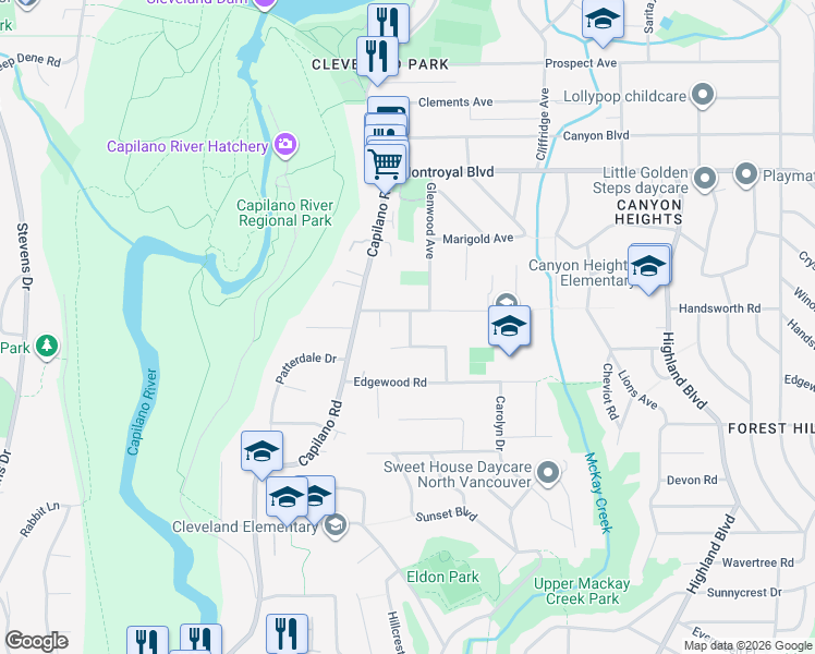 map of restaurants, bars, coffee shops, grocery stores, and more near 4477 Primrose Lane in North Vancouver