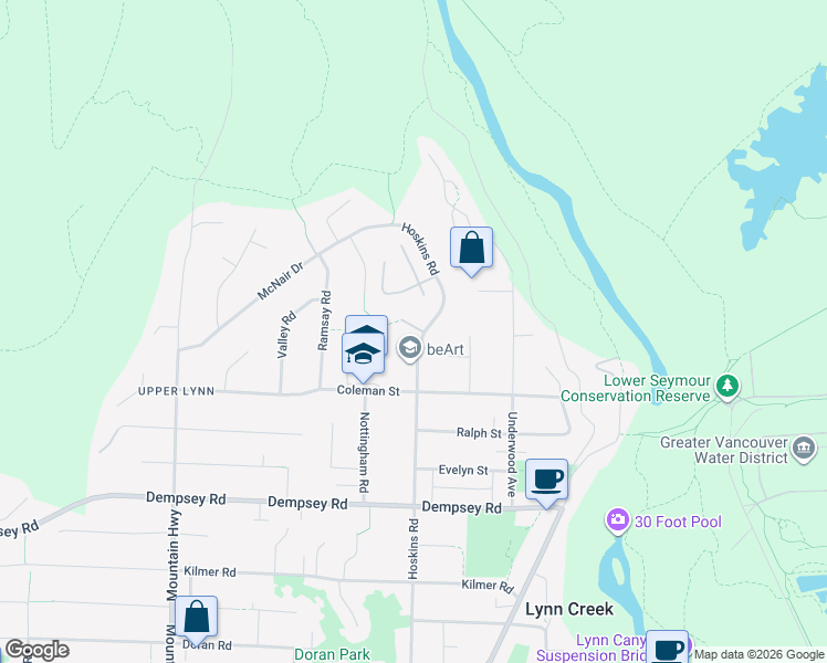 map of restaurants, bars, coffee shops, grocery stores, and more near in North Vancouver