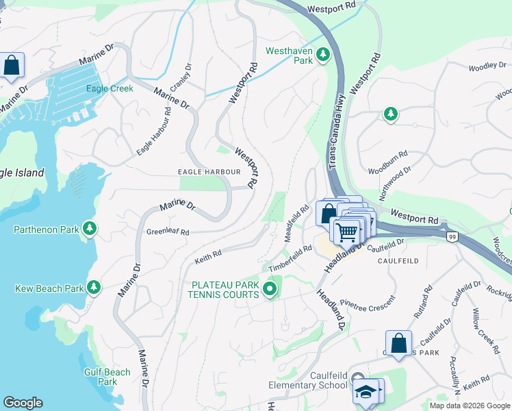map of restaurants, bars, coffee shops, grocery stores, and more near 5560 Greenleaf Road in West Vancouver