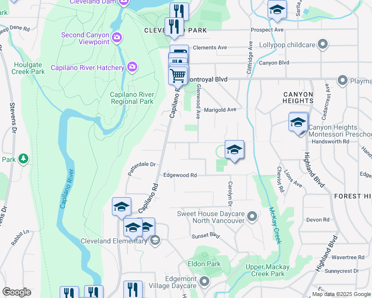 map of restaurants, bars, coffee shops, grocery stores, and more near 4477 Primrose Lane in North Vancouver