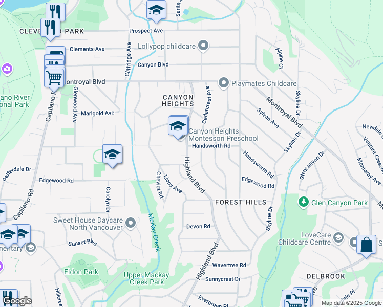 map of restaurants, bars, coffee shops, grocery stores, and more near 4486 Highland Boulevard in North Vancouver