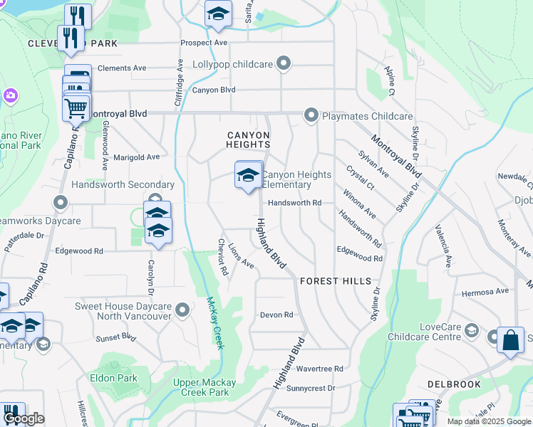 map of restaurants, bars, coffee shops, grocery stores, and more near 4486 Highland Boulevard in North Vancouver