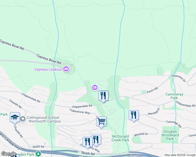 map of restaurants, bars, coffee shops, grocery stores, and more near 2285 Twin Creek Place in West Vancouver