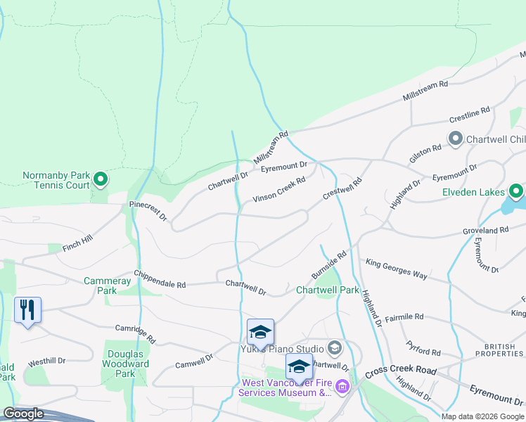 map of restaurants, bars, coffee shops, grocery stores, and more near Chartwell Drive in West Vancouver