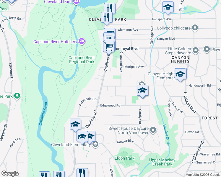 map of restaurants, bars, coffee shops, grocery stores, and more near 1135 Handsworth Road in North Vancouver