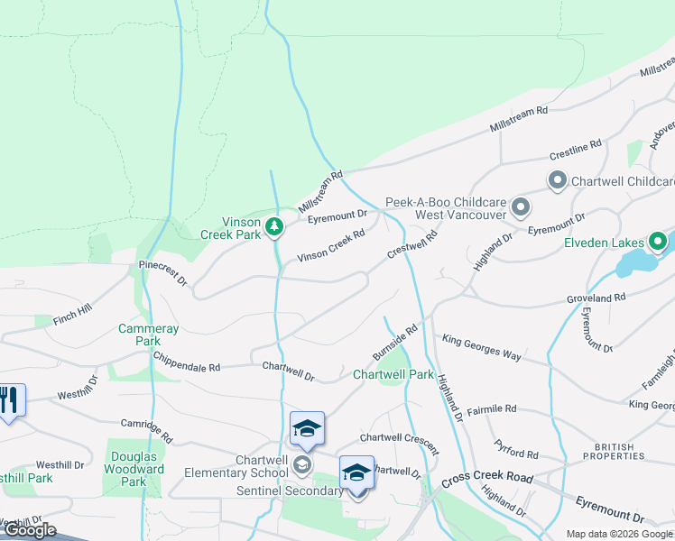 map of restaurants, bars, coffee shops, grocery stores, and more near 1441 Chartwell Drive in West Vancouver