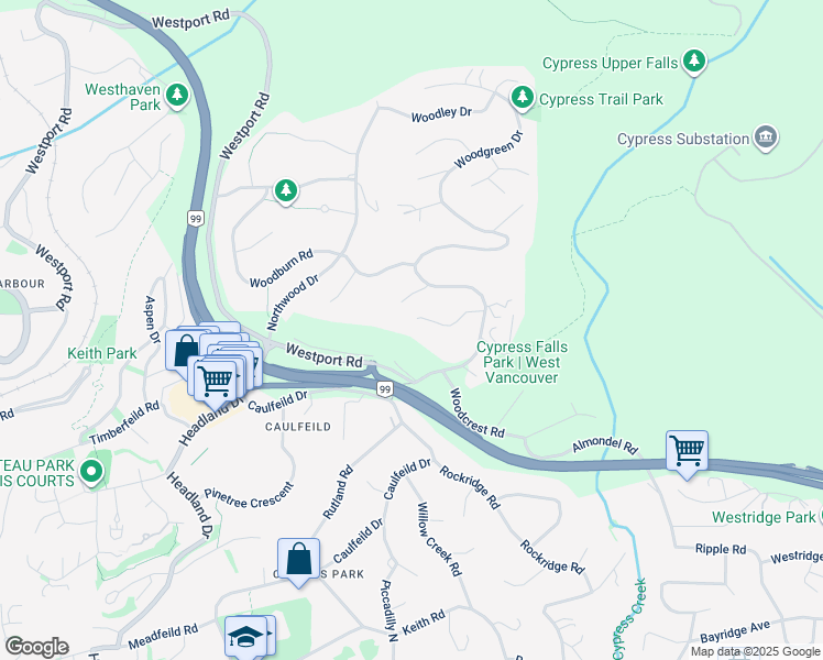 map of restaurants, bars, coffee shops, grocery stores, and more near 4582 Woodgreen Court in West Vancouver