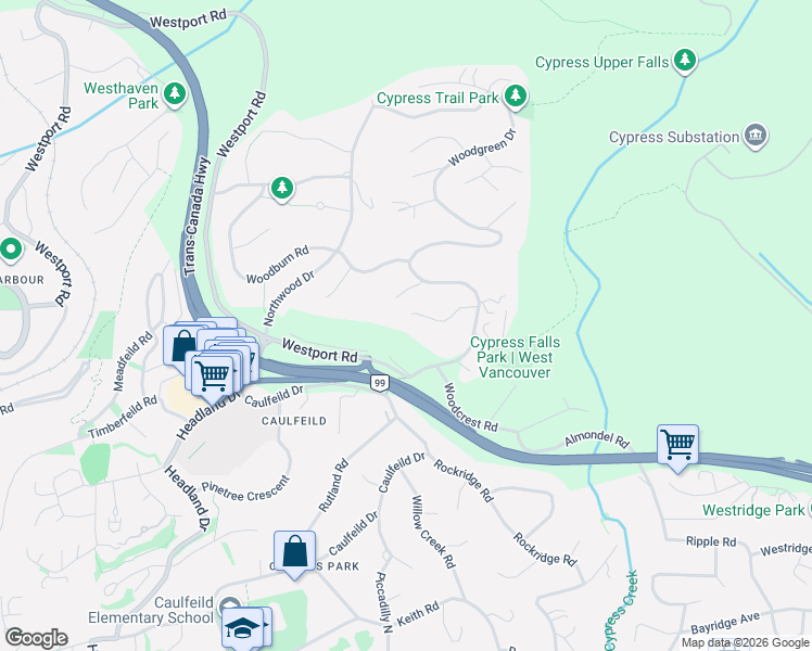 map of restaurants, bars, coffee shops, grocery stores, and more near 4582 Woodgreen Court in West Vancouver