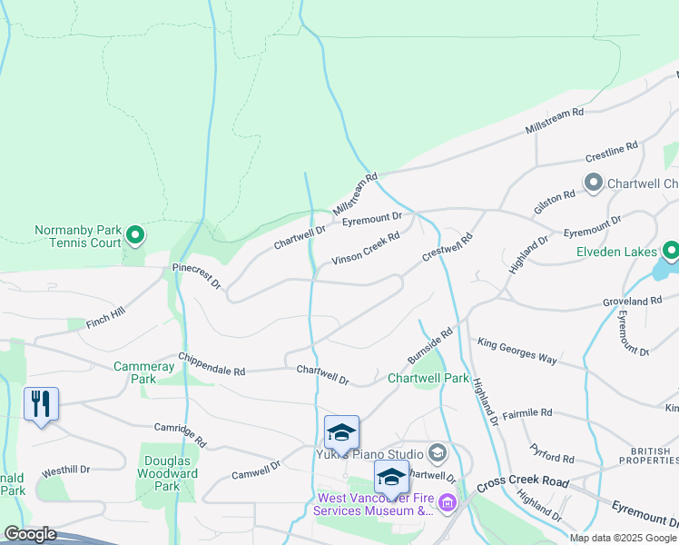 map of restaurants, bars, coffee shops, grocery stores, and more near 1520 Vinson Creek Road in West Vancouver