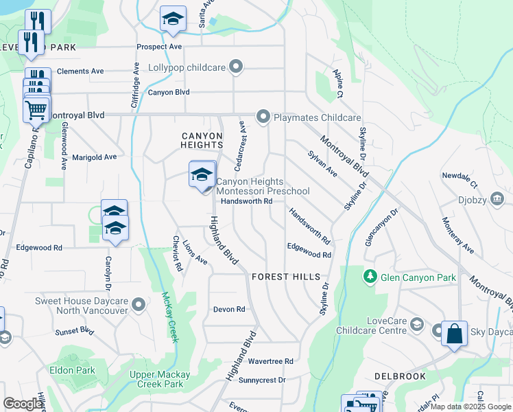 map of restaurants, bars, coffee shops, grocery stores, and more near 4500 Canterbury Crescent in North Vancouver