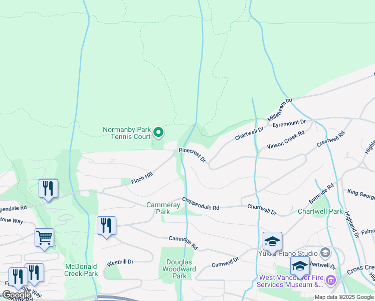 map of restaurants, bars, coffee shops, grocery stores, and more near 1562 Pinecrest Drive in West Vancouver