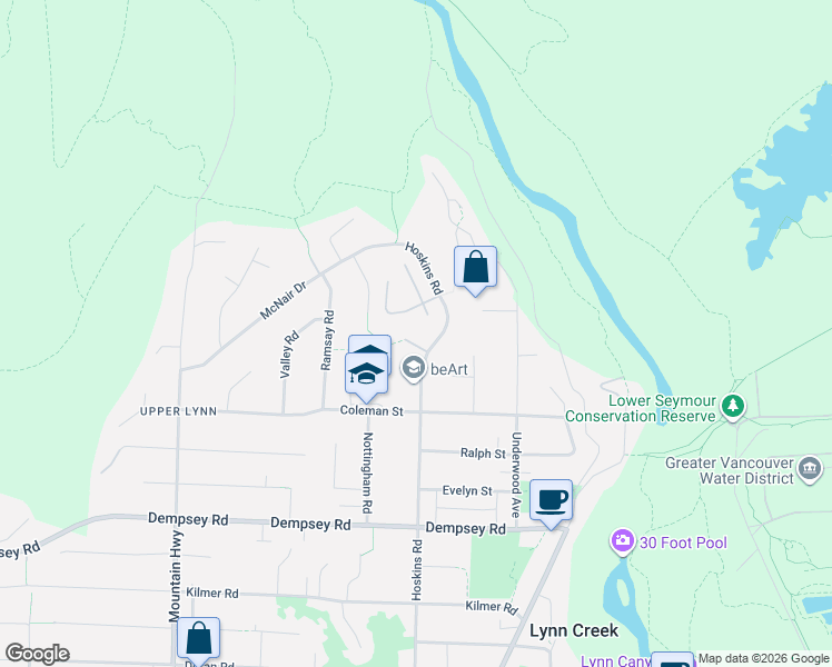 map of restaurants, bars, coffee shops, grocery stores, and more near 4627 Hoskins Road in North Vancouver