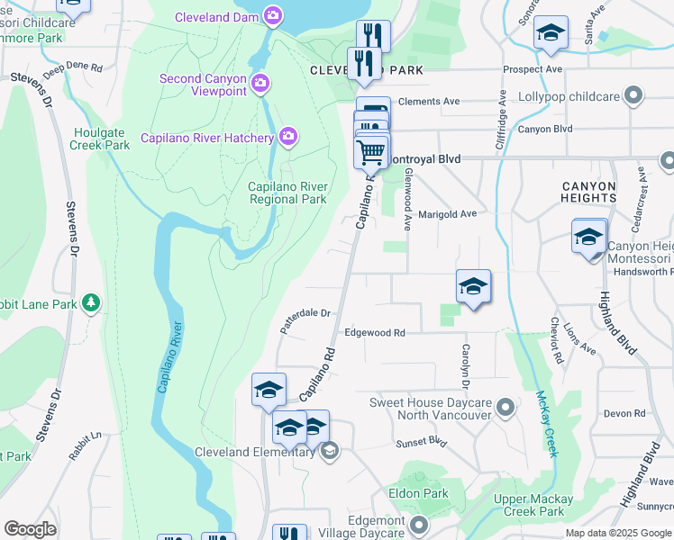 map of restaurants, bars, coffee shops, grocery stores, and more near 4511 Capilano Road in North Vancouver