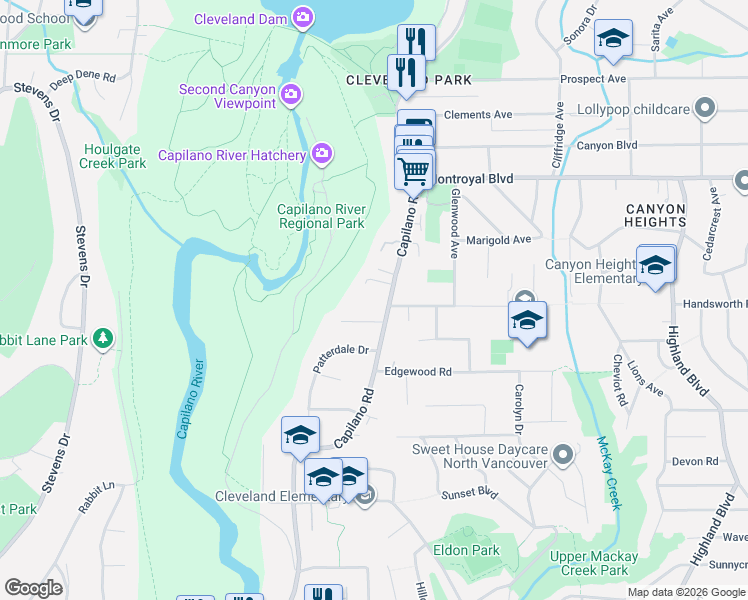 map of restaurants, bars, coffee shops, grocery stores, and more near 4511 Capilano Road in North Vancouver