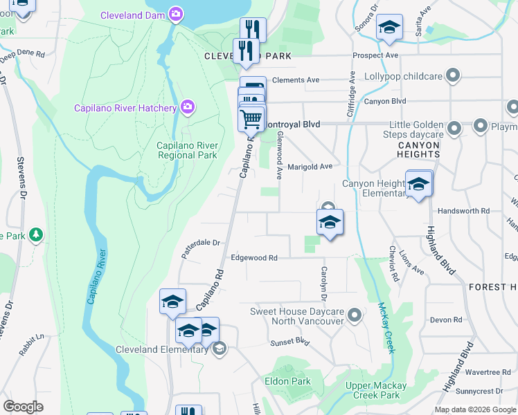 map of restaurants, bars, coffee shops, grocery stores, and more near 1150 Handsworth Road in North Vancouver