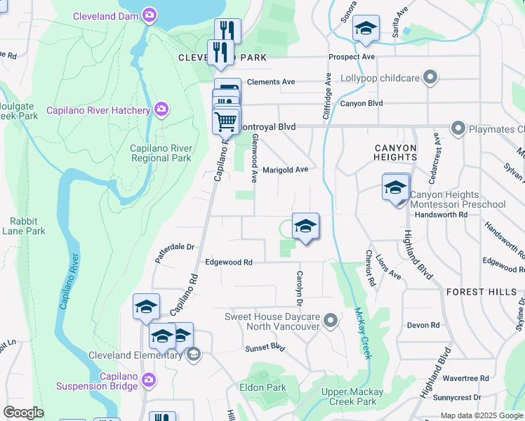 map of restaurants, bars, coffee shops, grocery stores, and more near 1090 Handsworth Road in North Vancouver