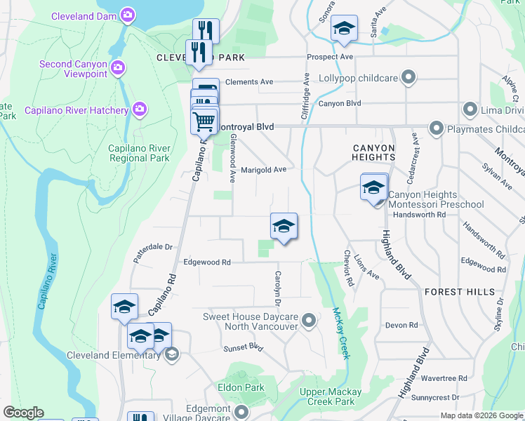 map of restaurants, bars, coffee shops, grocery stores, and more near 1056 Handsworth Road in North Vancouver