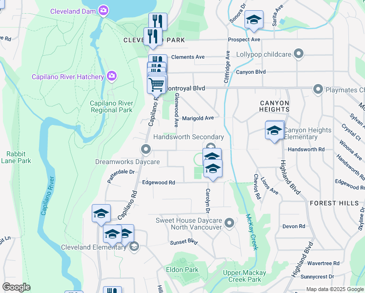 map of restaurants, bars, coffee shops, grocery stores, and more near 1090 Handsworth Road in North Vancouver