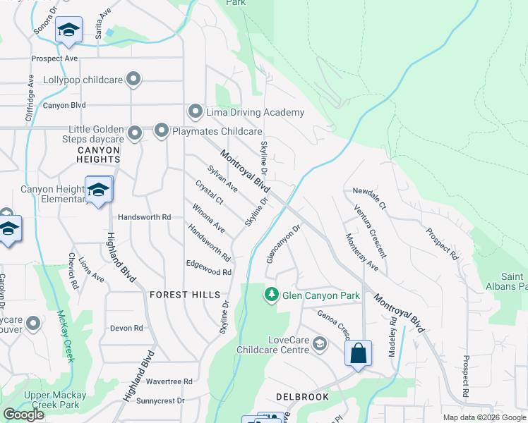 map of restaurants, bars, coffee shops, grocery stores, and more near 4528 Skyline Drive in North Vancouver