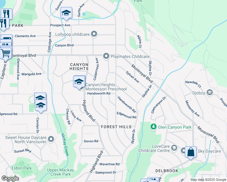 map of restaurants, bars, coffee shops, grocery stores, and more near 810 Handsworth Road in North Vancouver