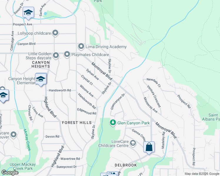 map of restaurants, bars, coffee shops, grocery stores, and more near 4528 Skyline Drive in North Vancouver