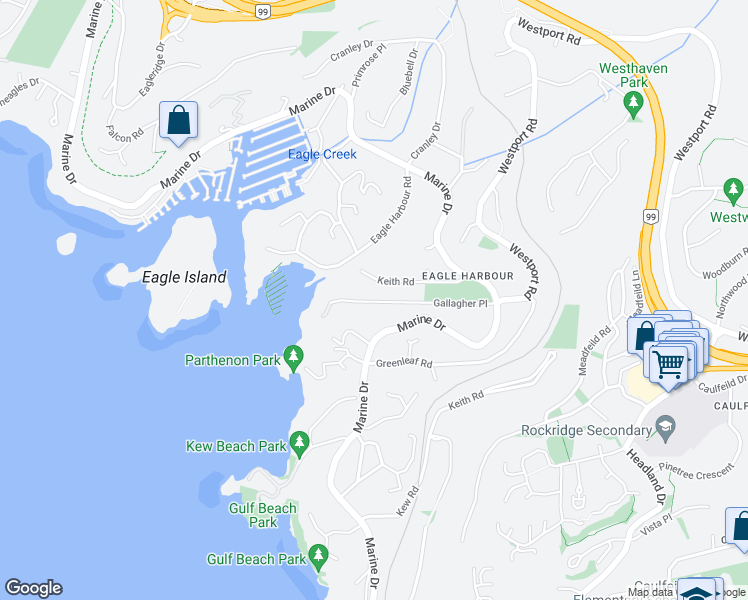 map of restaurants, bars, coffee shops, grocery stores, and more near 5577 Gallagher Place in West Vancouver